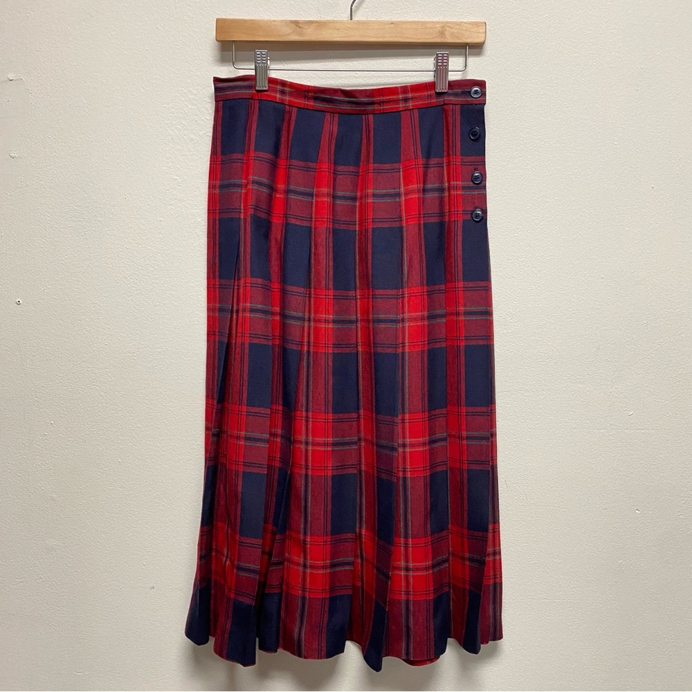 Vintage Talbots Tartan Pleated Midi Skirt Women Sz 10 P Blue Red Y2K Linen Blend